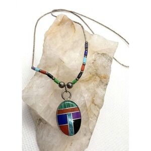 Southwestern Sterling Silver Stone Inlay Pendant Necklace Turquoise Lapis 16''